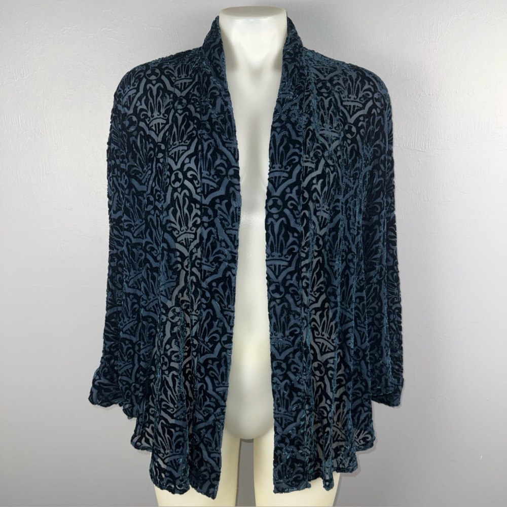 Diane Gilman‎ Collection Kimono Cardigan M Teal Rayon Silk Blend Velvet Burnout